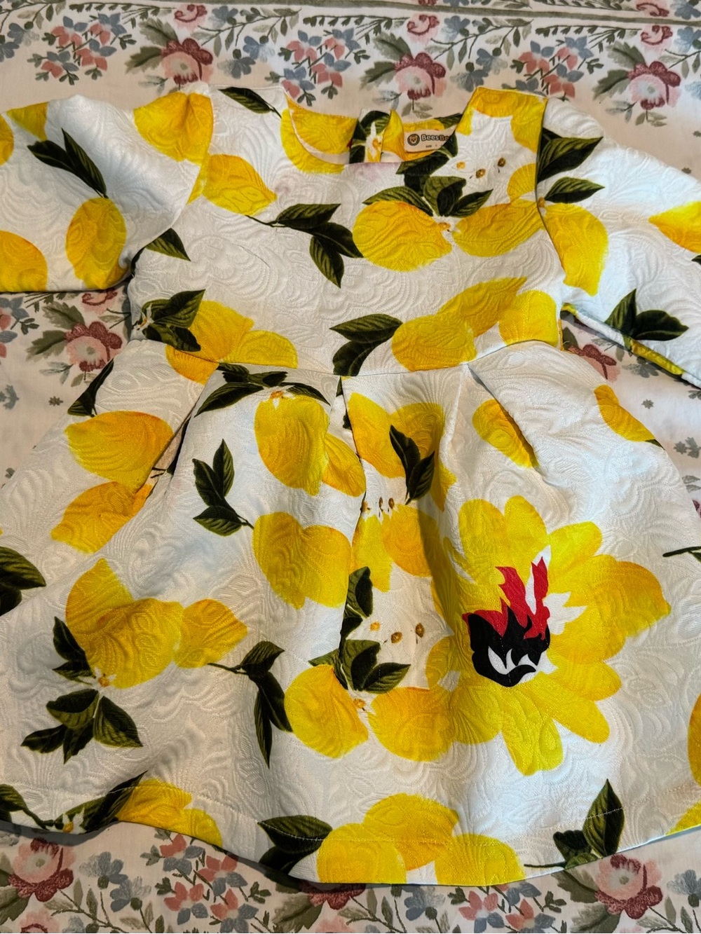 Girls' Yellow Floral Fit & Flare Dress with Puff Sleeves